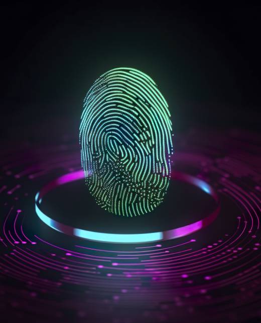 Fingerprint Authentication Button. Biometric Security. Identification and cyber security concept. Glowing neon fingerprint on dark background. AI Generative